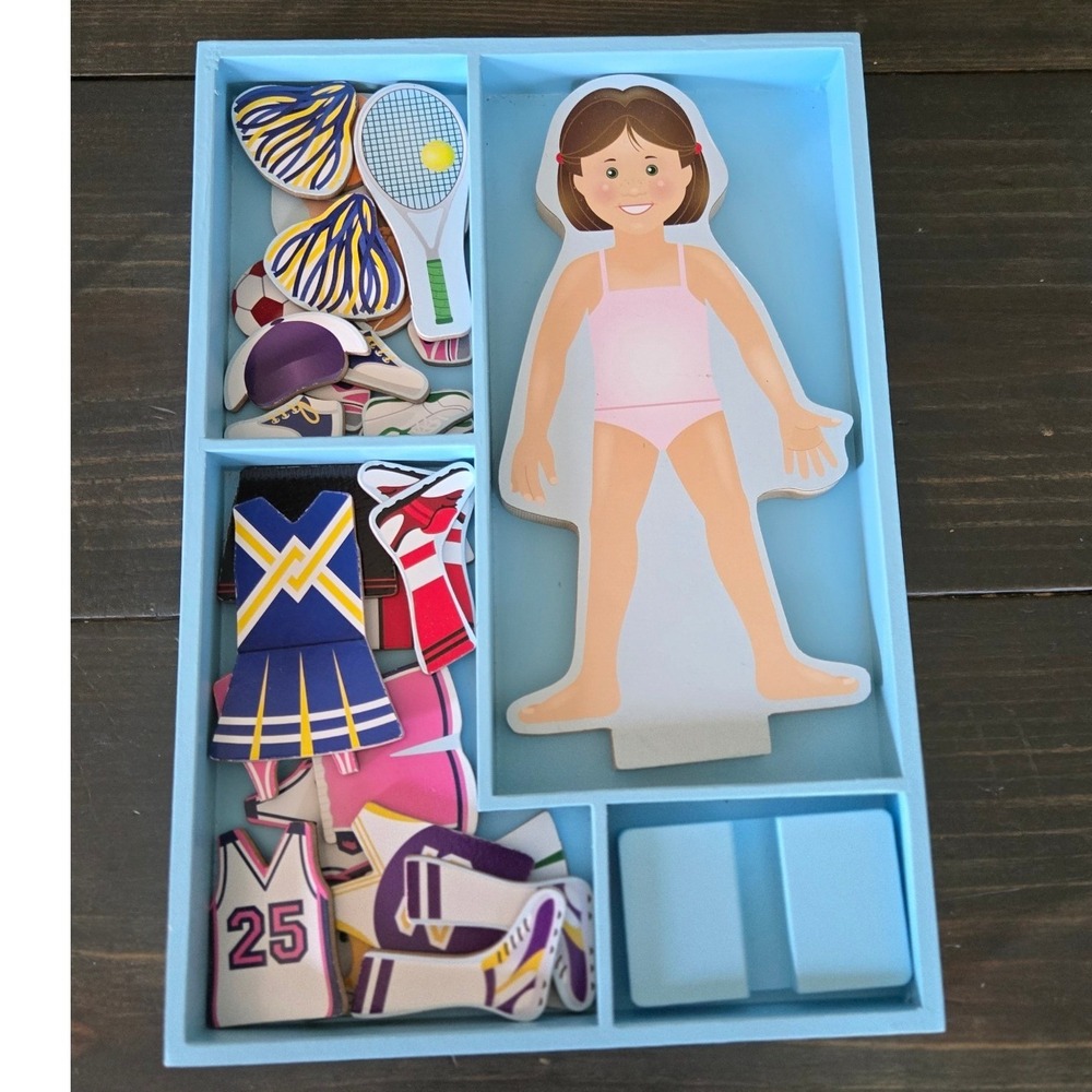 Melissa &‎ Doug Magnetic Wooden Dress Up Doll Set Sports Outfits 25+ Pieces Tray
